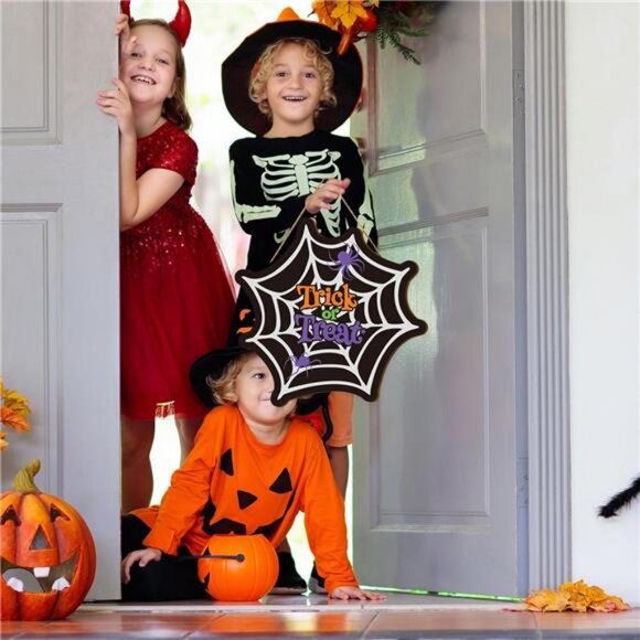 Halloween Spider Web Door Sign Trick or Treat Wooden Hanging Sign - Picture 5 of 8